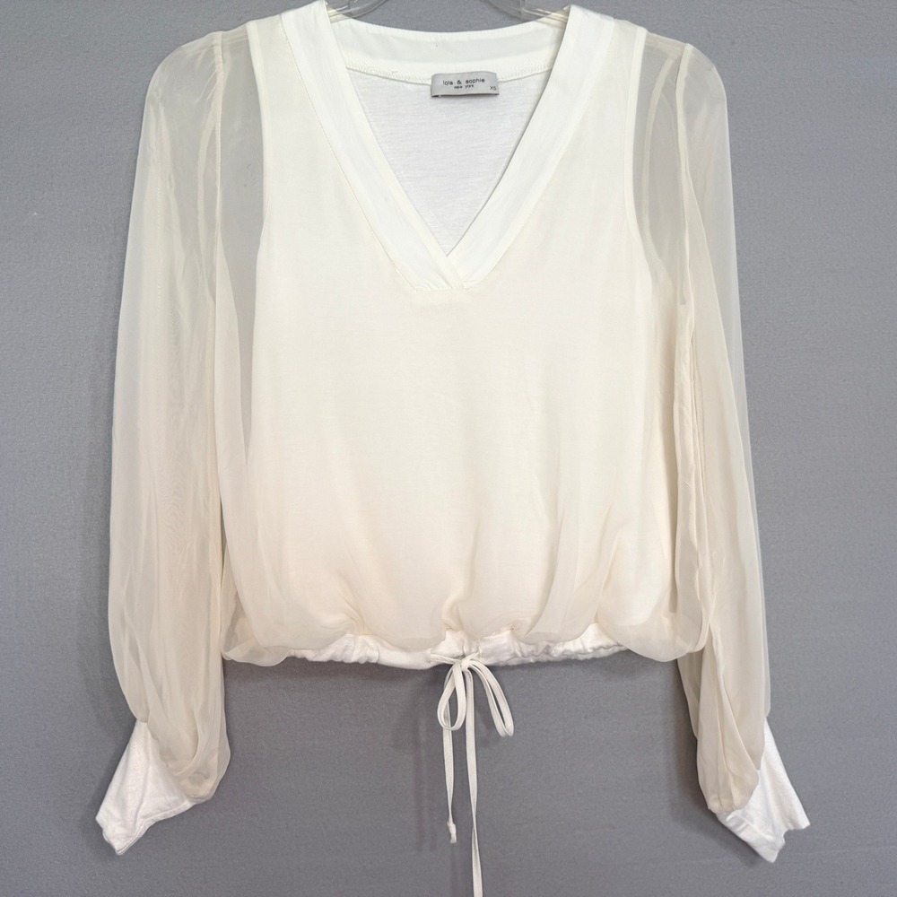 Lola & Sophie Sheer Overlay V-Neck Blouse Womens Size XS White Ethereal Romantic